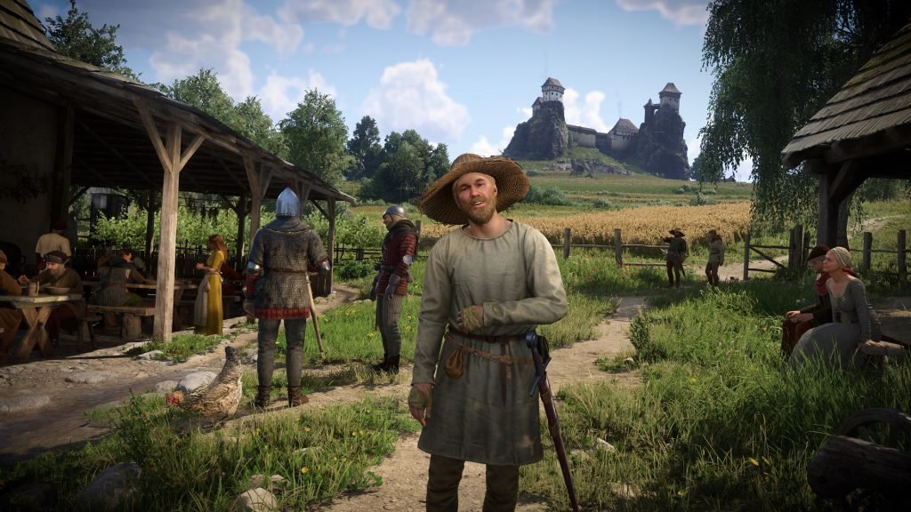 Plusieurs PNJs accueillent le joueur dans Kingdom Come: Deliverance 2 à l'extérieur d'une taverne